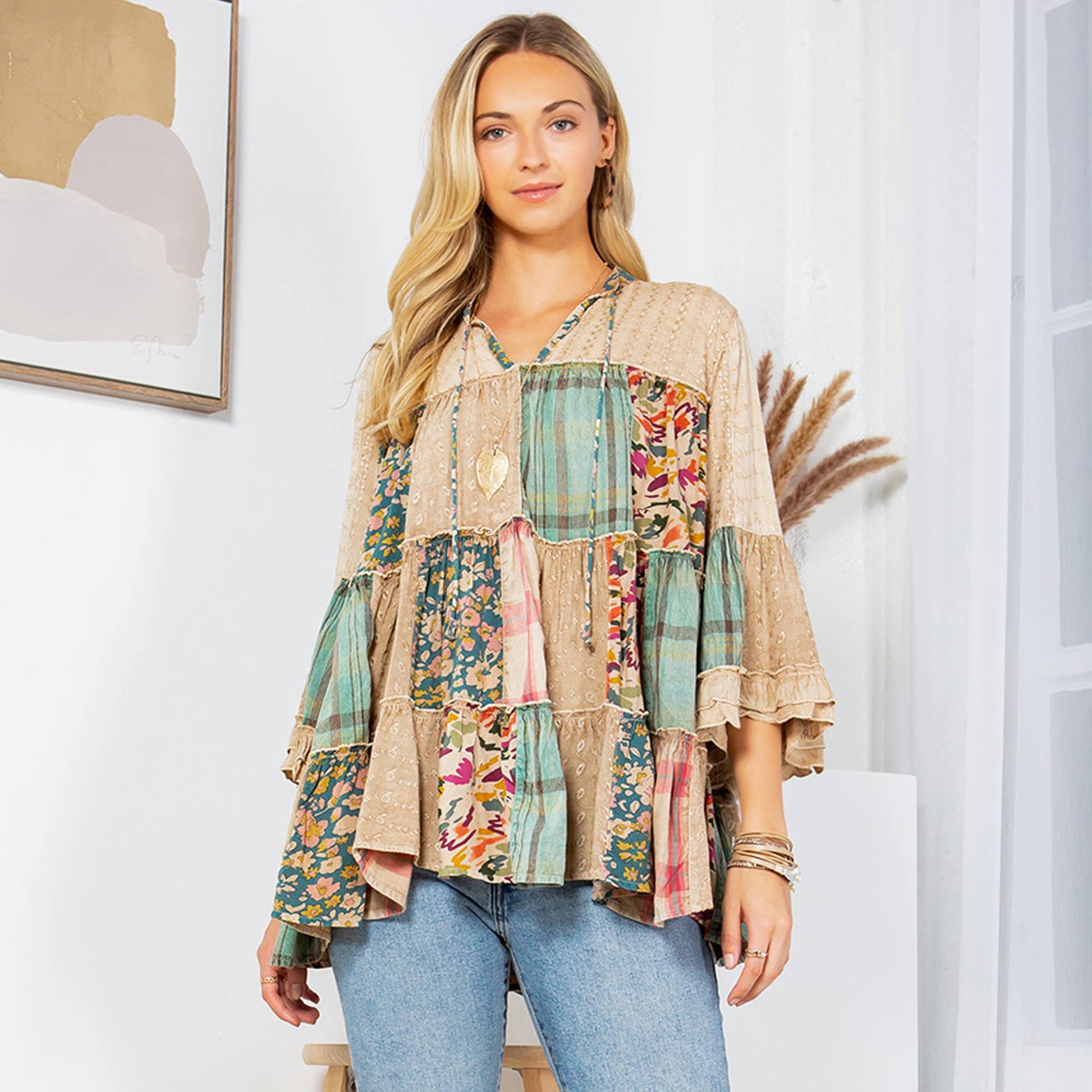 Boho Fusion Patchwork Flowy Tunic Top