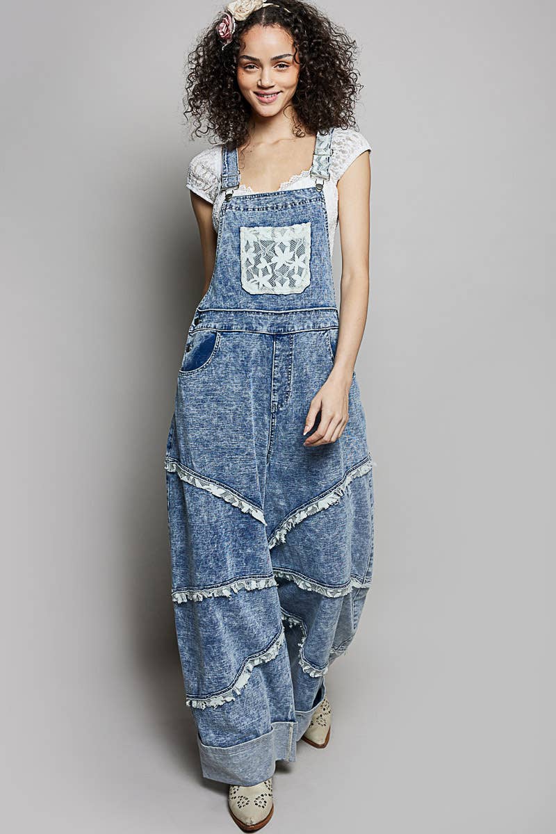 Casual Straight Leg Lace Trim Adjustable Strap Overalls