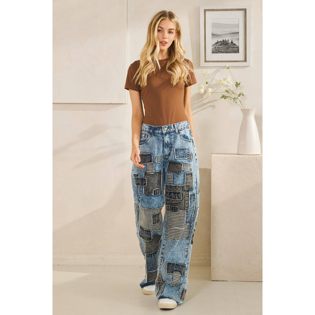 MULTI COLOR SQUARE PATCHWORK STRAIGHT JEANS