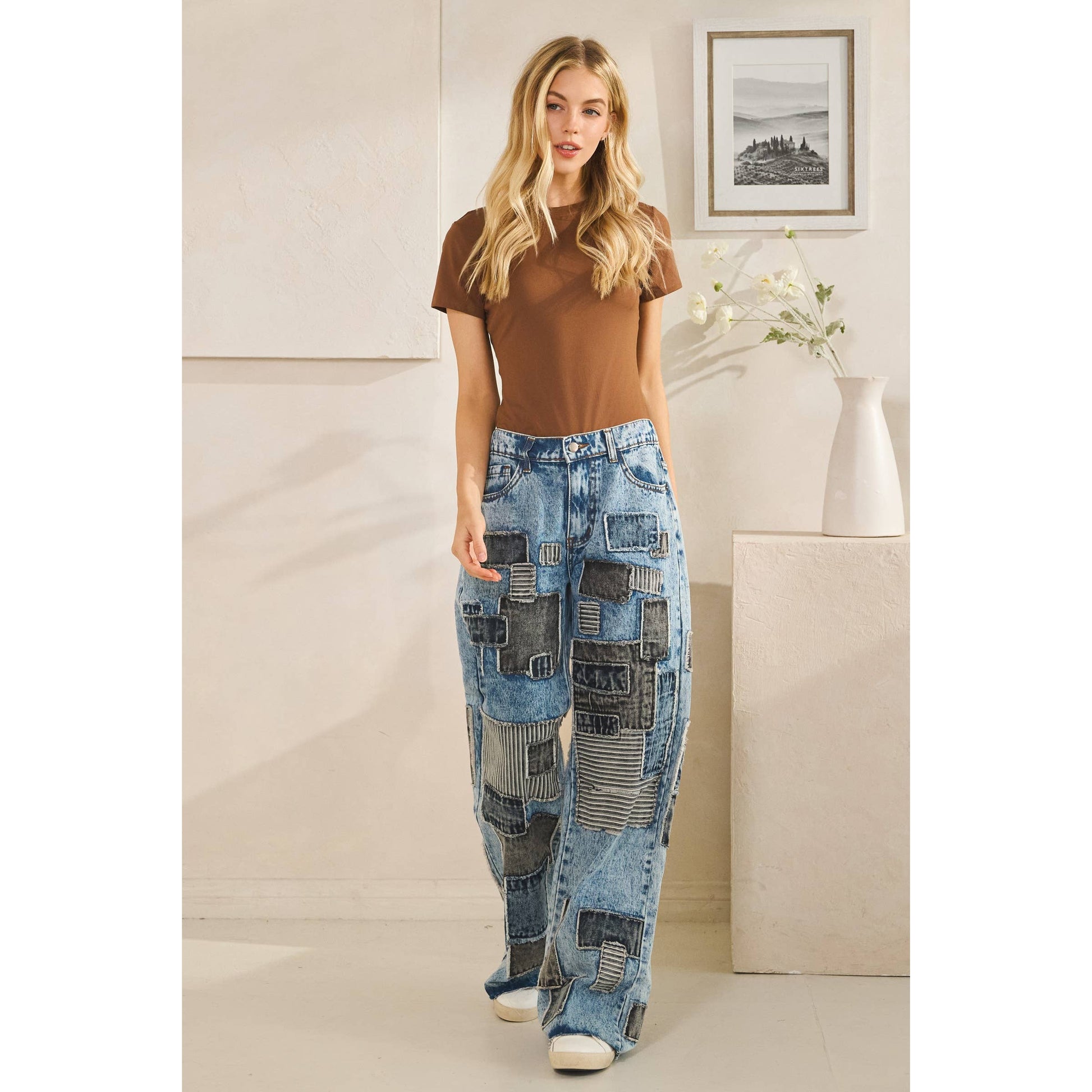 MULTI COLOR SQUARE PATCHWORK STRAIGHT JEANS