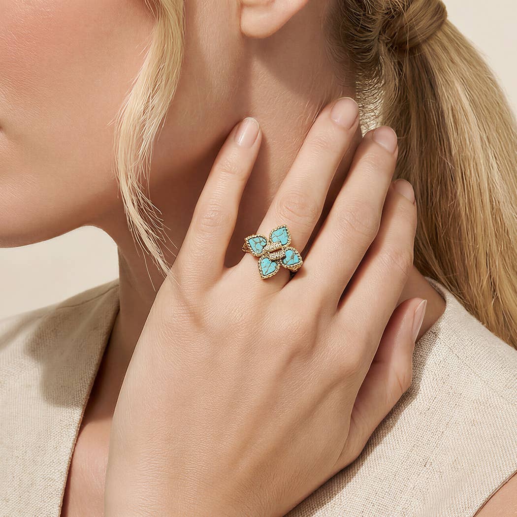 Gold Turquoise Clover CZ Ring