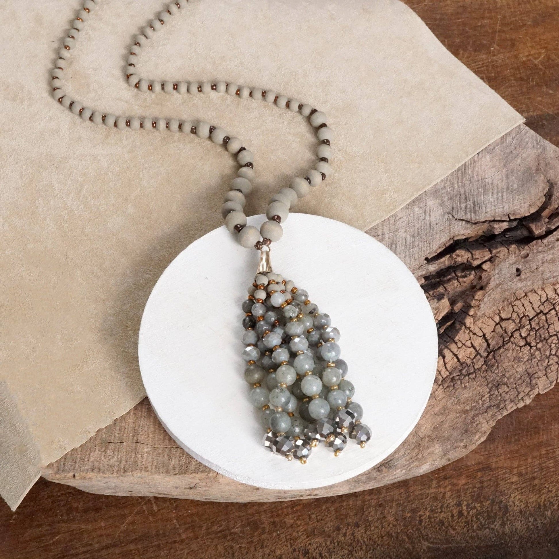 Desert Harmony – Mala Beaded Tassel Necklace with Amazonite or Labradorite