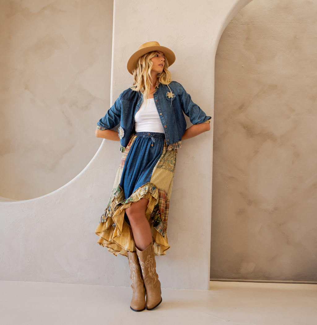 Western Boho Chic: Patchwork Cropped Denim Jacket