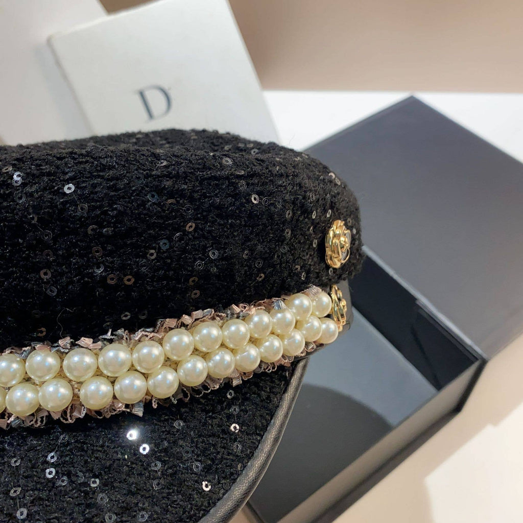 Luxury Pearl Beaded Sequin Hat in Black
