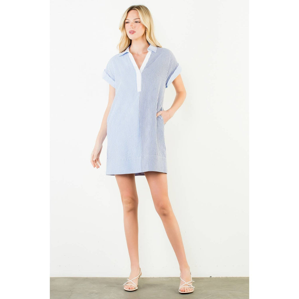 Short Sleeve Split Striped V-Neck Dress