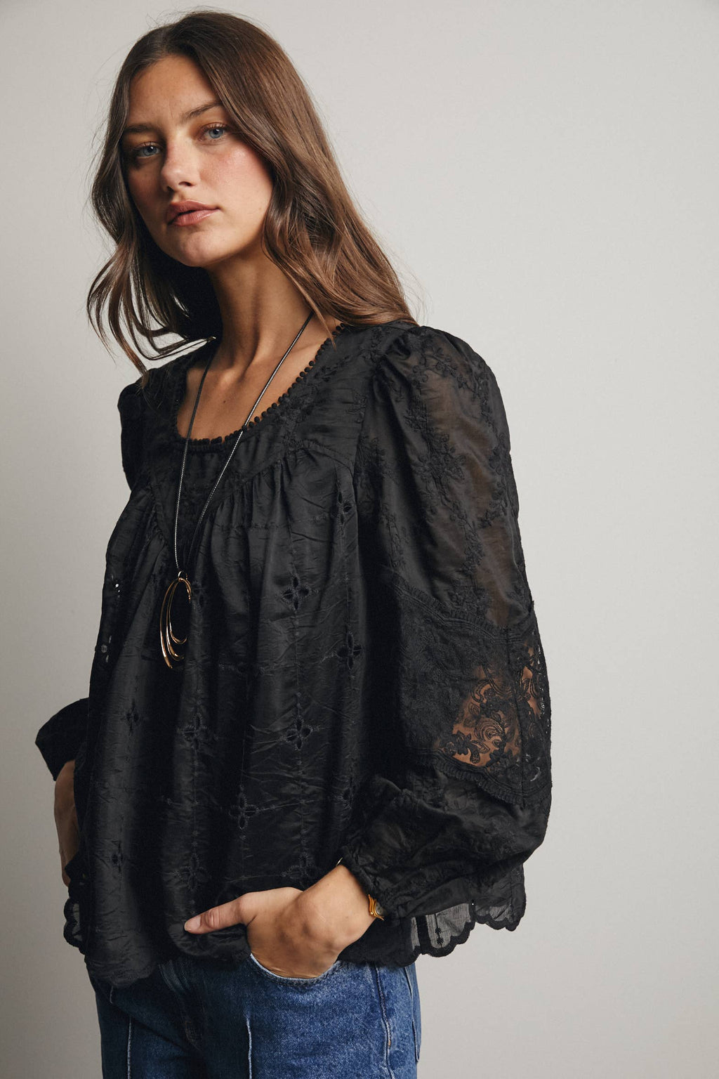 Embroidered Lace Puff Sleeve Blouse