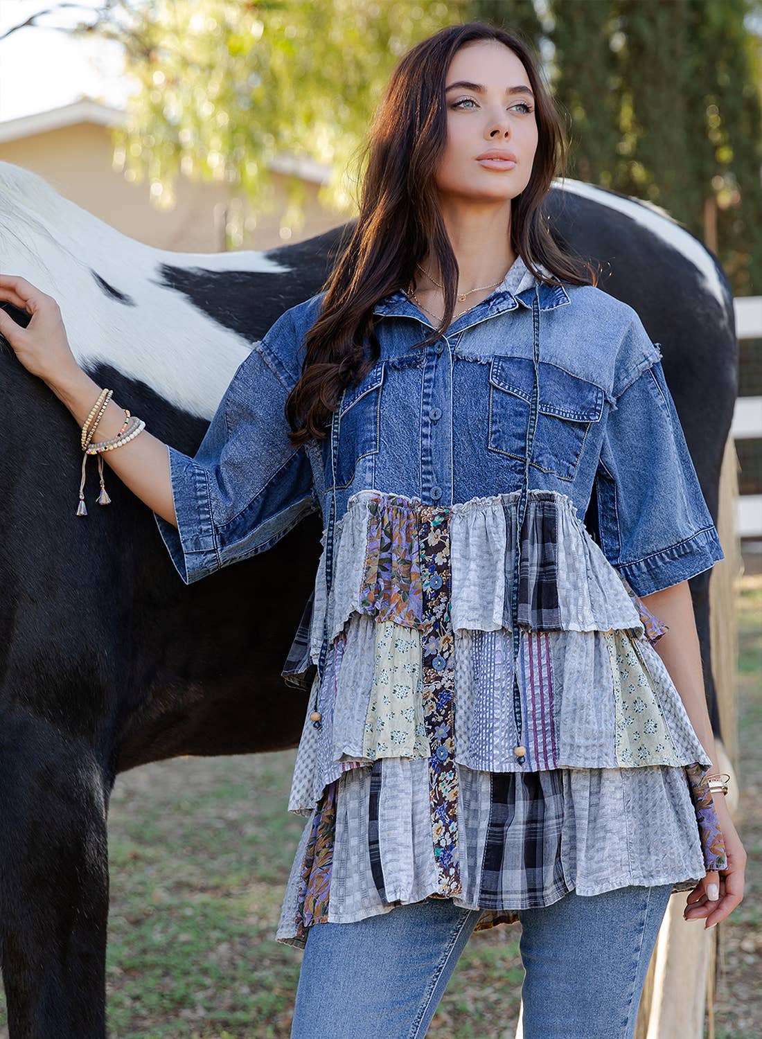 Boho Summer Hooded Denim Button Down Shirt with Playful Mixed Ruffles
