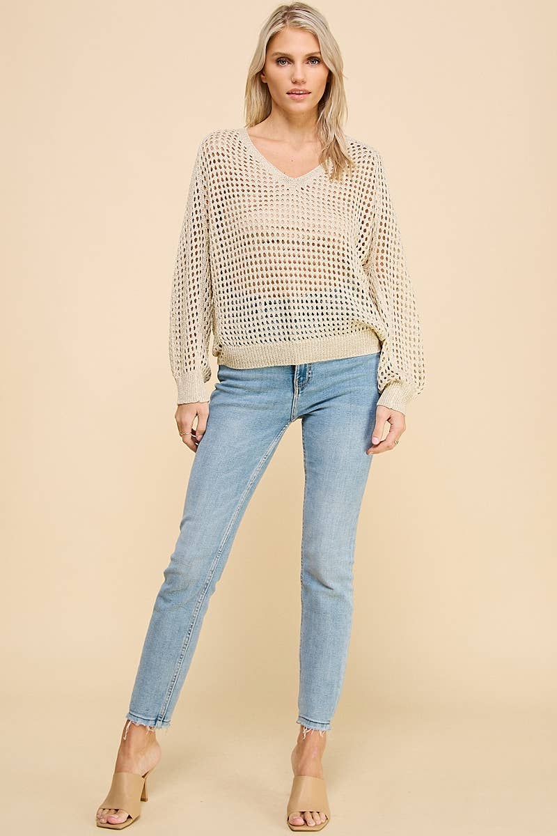Long Sleeve Open Weave Foil Knit V-Neck Sweater