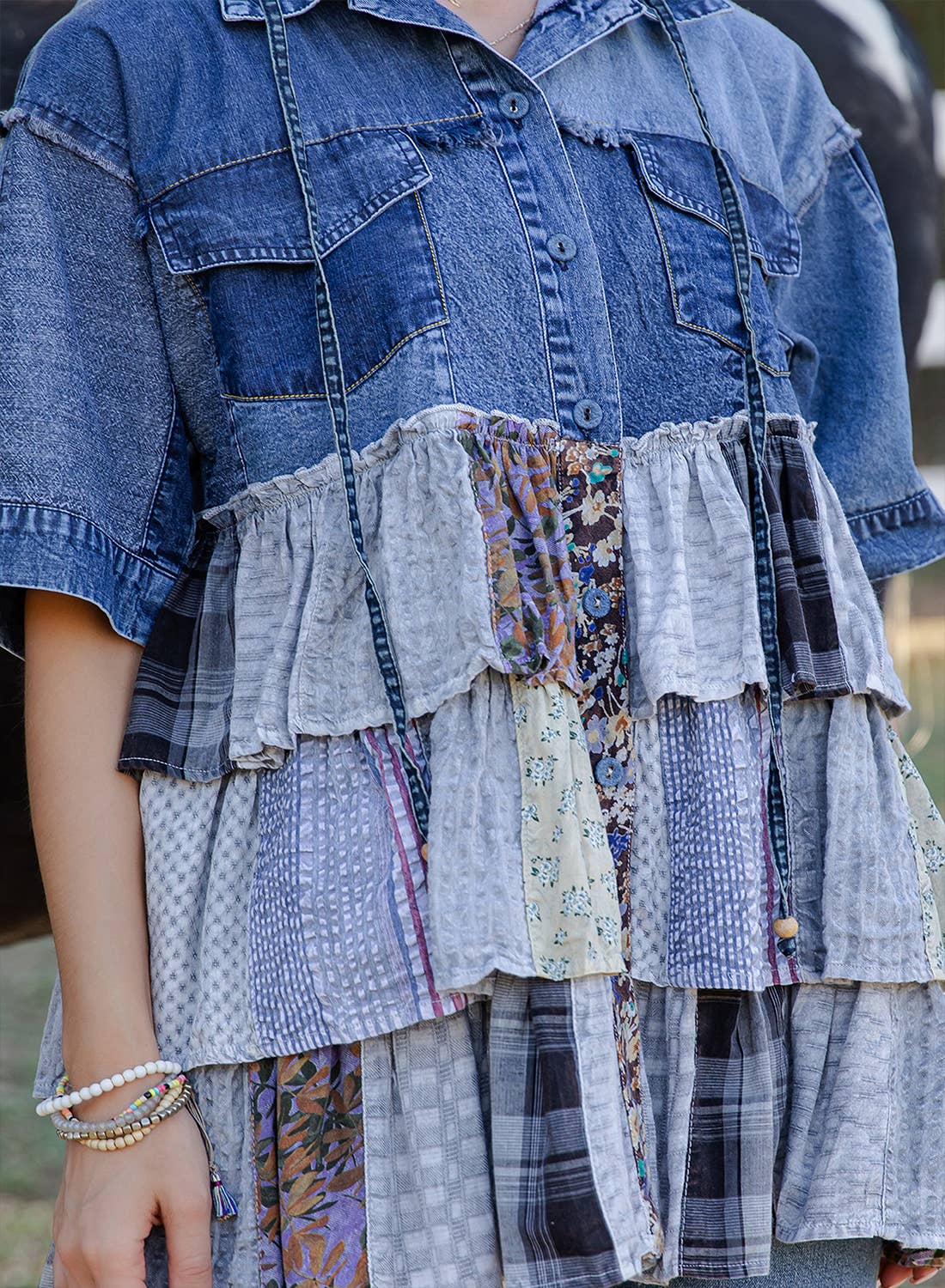 Boho Summer Hooded Denim Button Down Shirt with Playful Mixed Ruffles