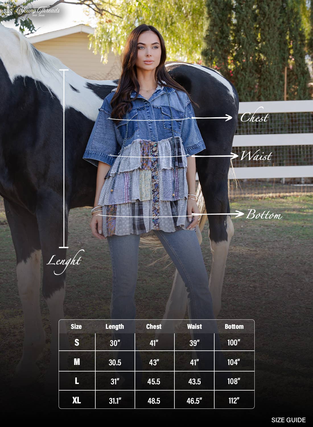 Boho Summer Hooded Denim Button Down Shirt with Playful Mixed Ruffles