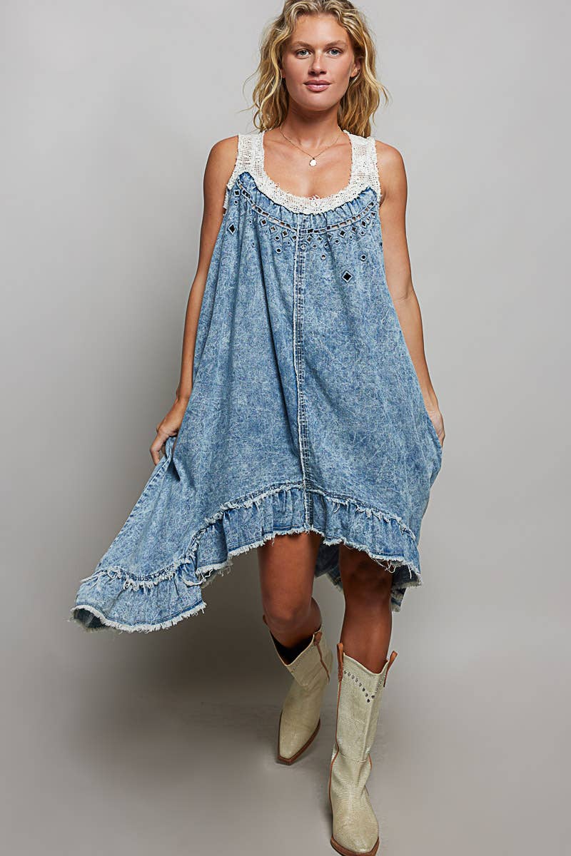 Casual Crochet Patch Sleeveless Denim Dress