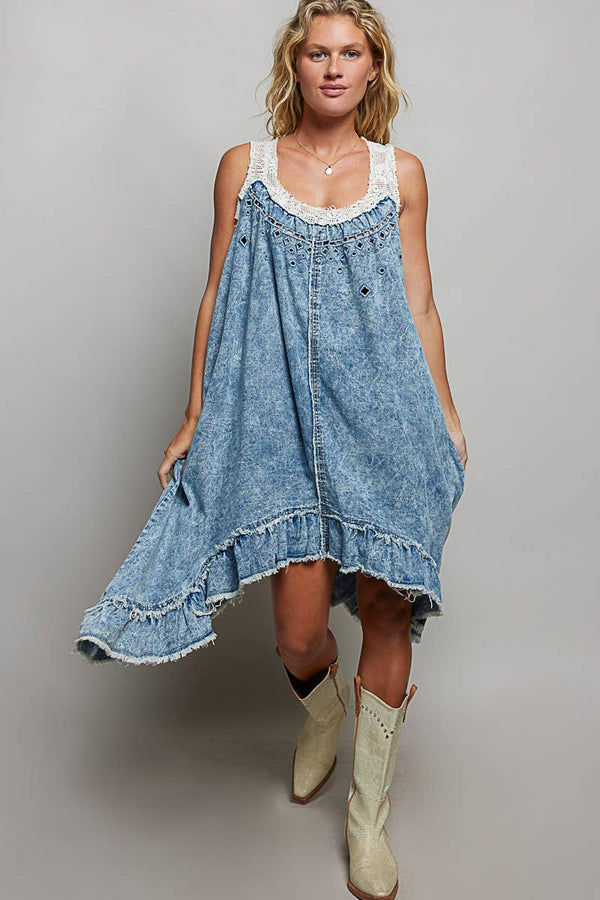 Casual Crochet Patch Sleeveless Denim Dress