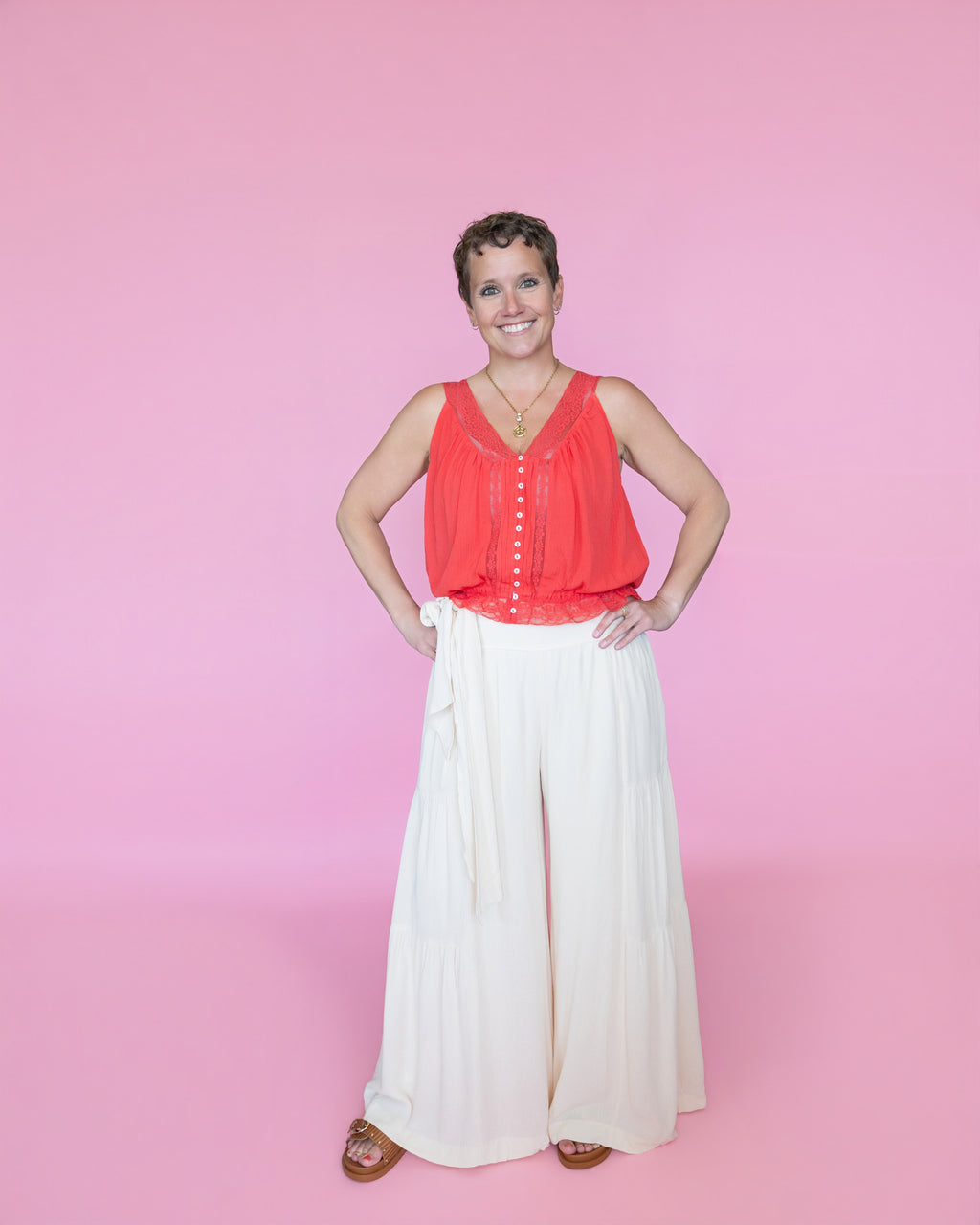 Smocked Tie-Waist Tiered Palazzo Pant