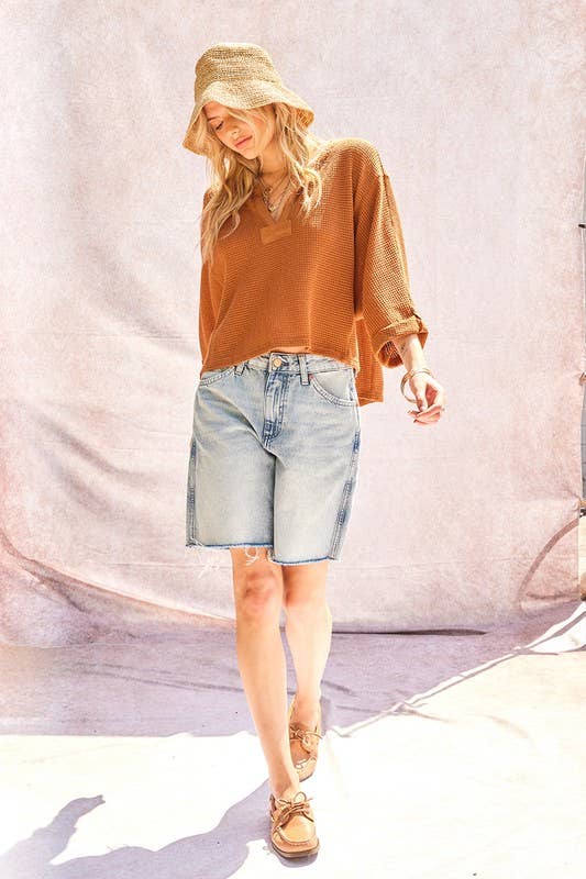 3/4 Sleeves Waffle Knit Cropped Pullover