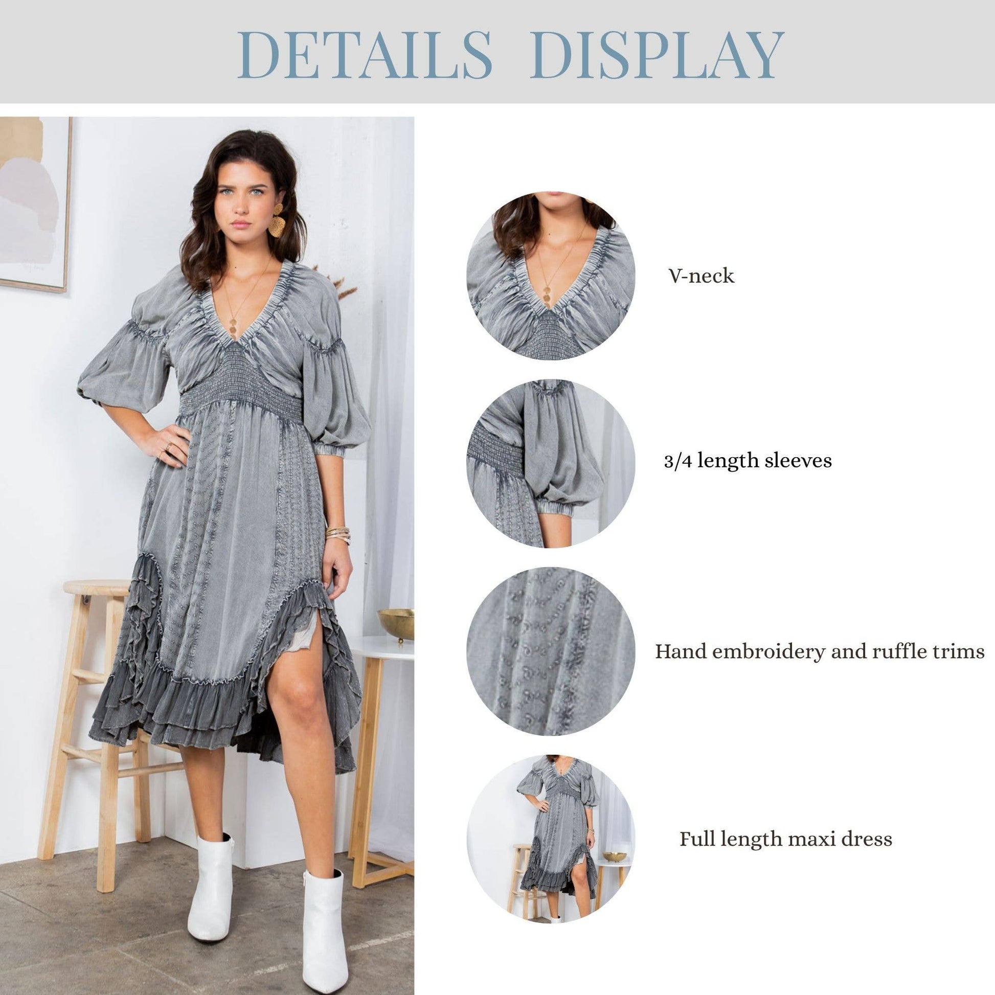 Mid-Length Sheared & Elasticated V-Neck Dress