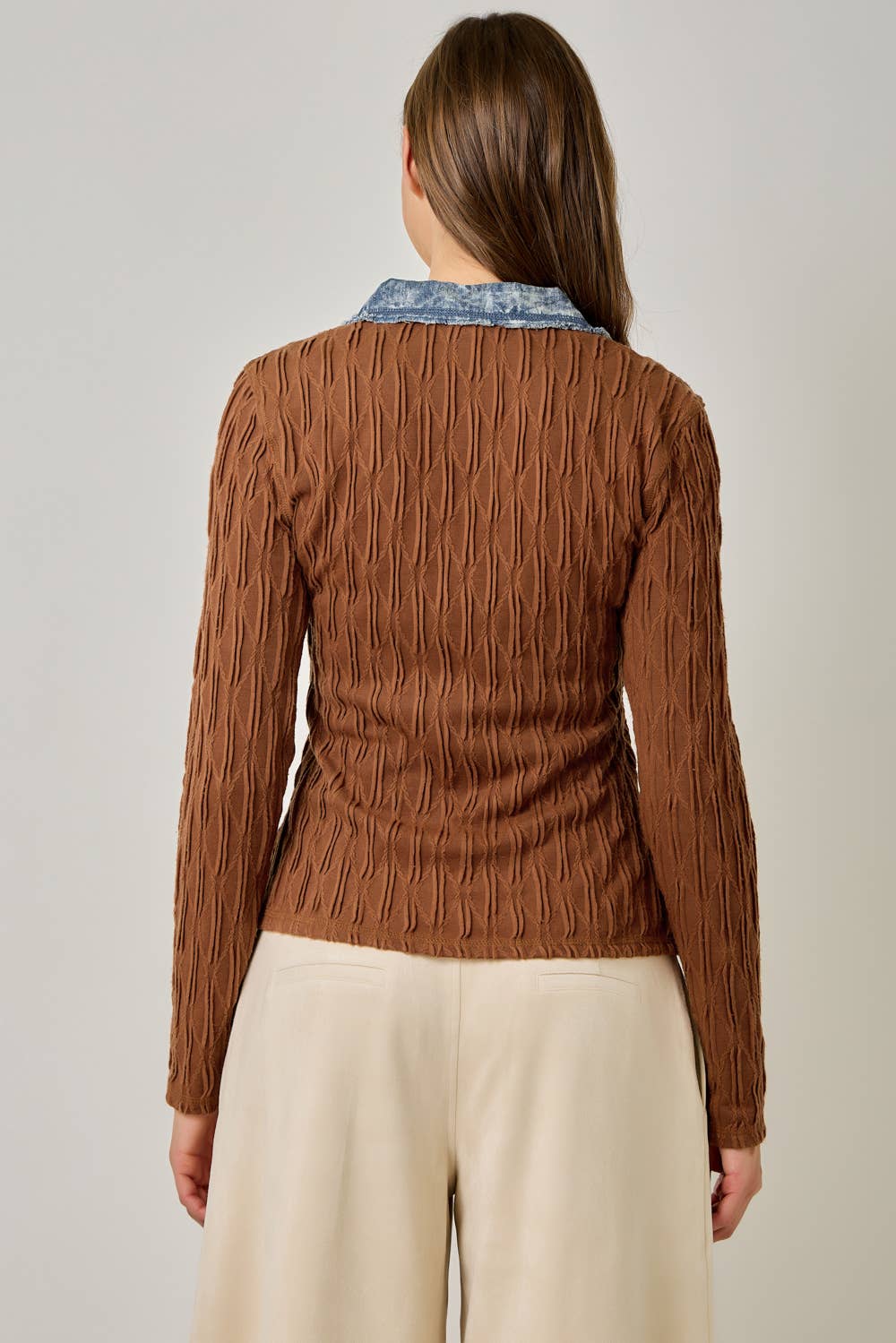 Denim Mix Textured Knit Henley Top