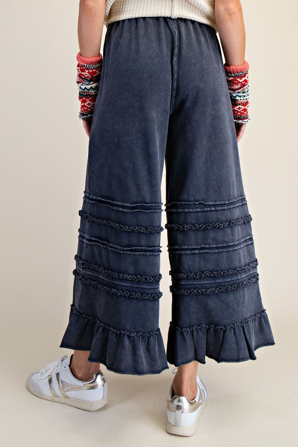 Easel Washed Terry Tiered Ruffle Wide Leg Pants