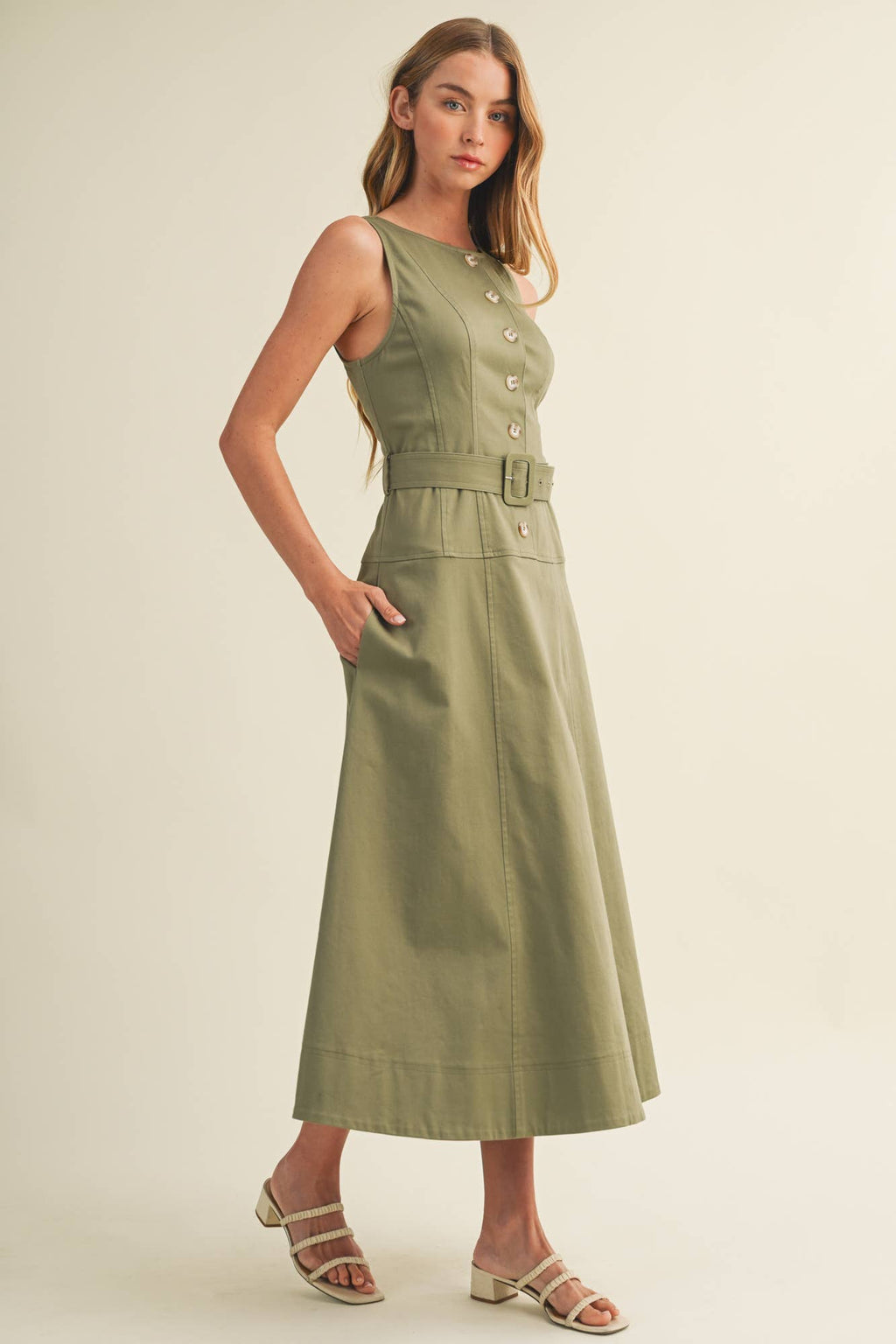 Buckle Belt Topstitch Maxi Dress