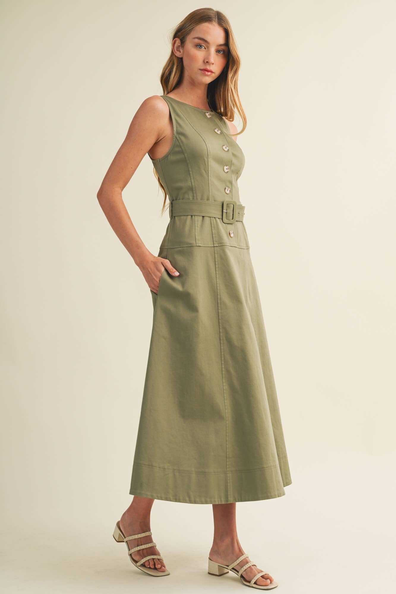 Buckle Belt Topstitch Maxi Dress