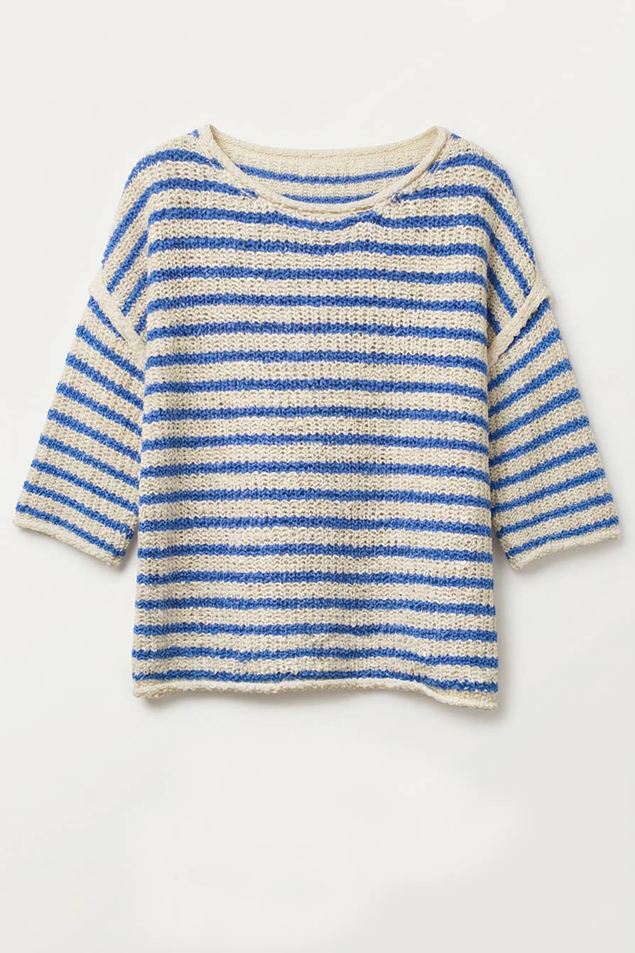 Loose Fit 3/4 Sleeve Striped Crew Neck Top