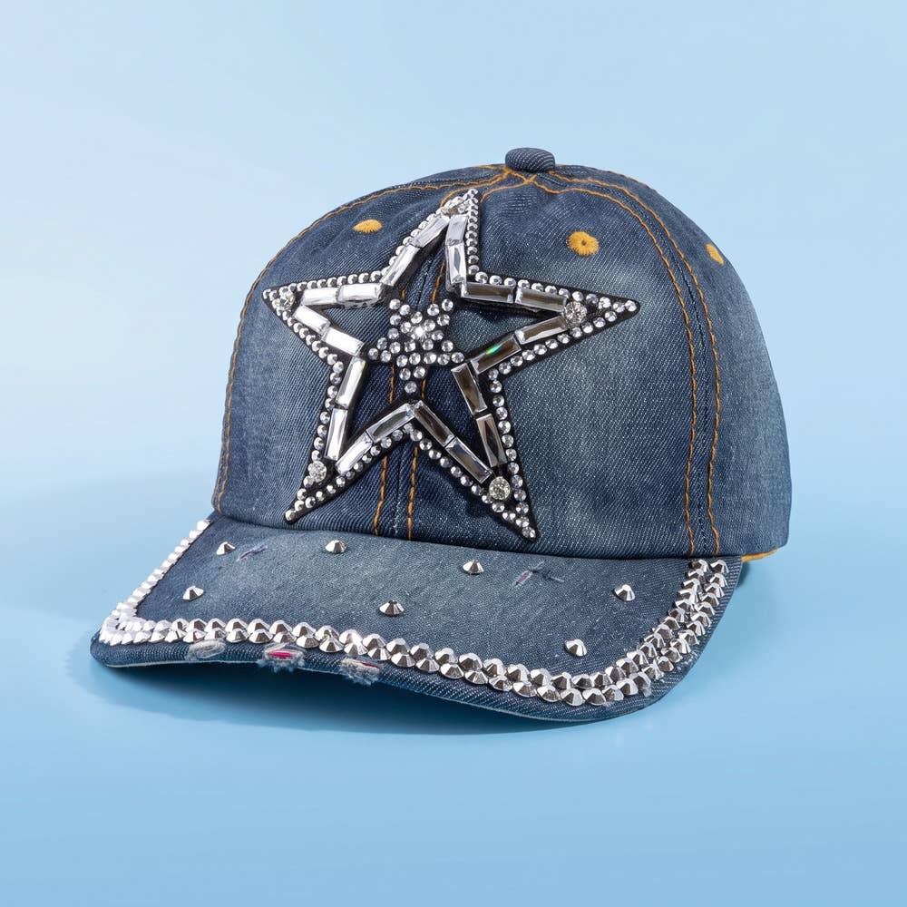 Crystal Star Studded Brim Denim Baseball Cap