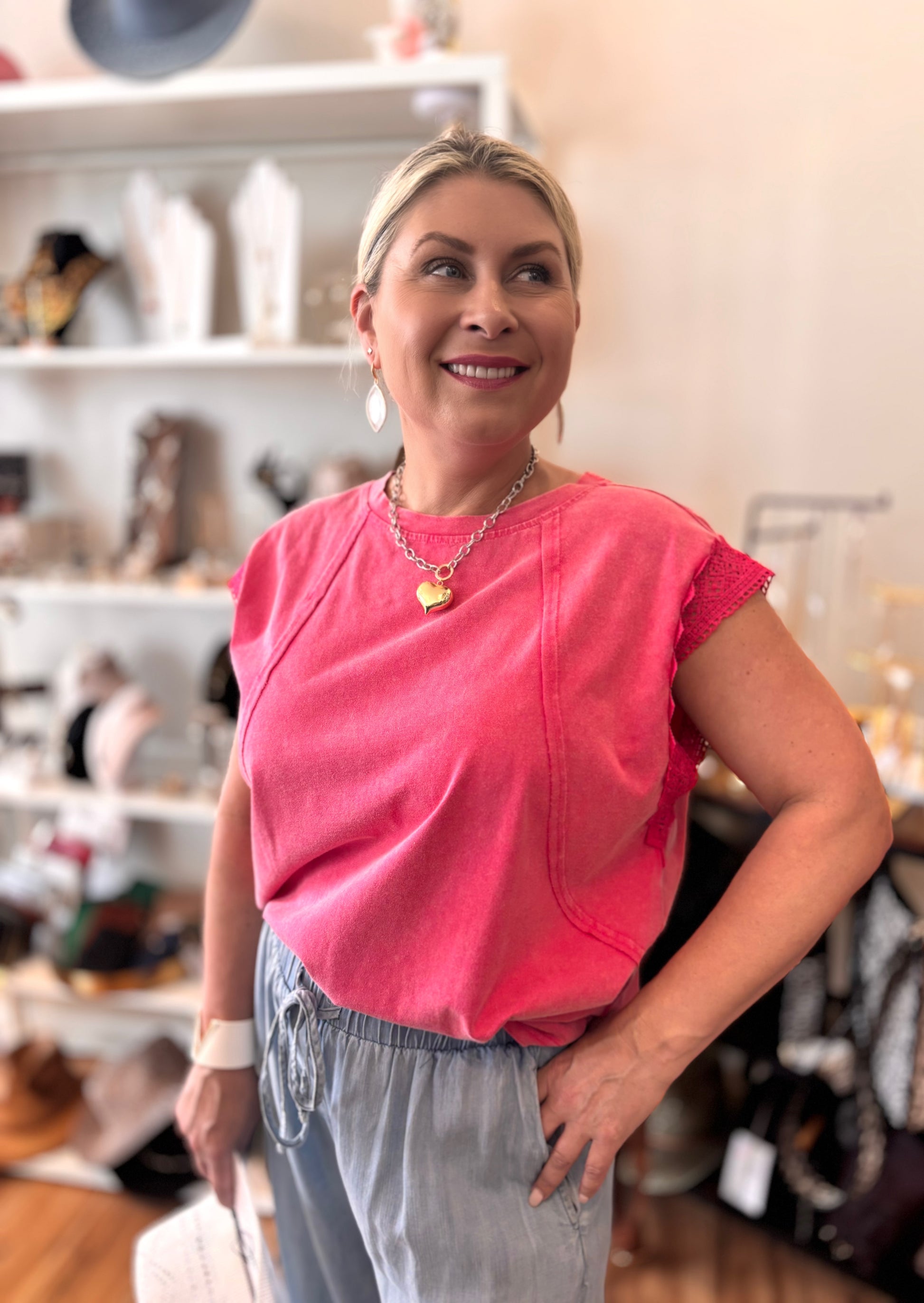 Joy by BiBi Crochet Trimmed Top in Fuchsia