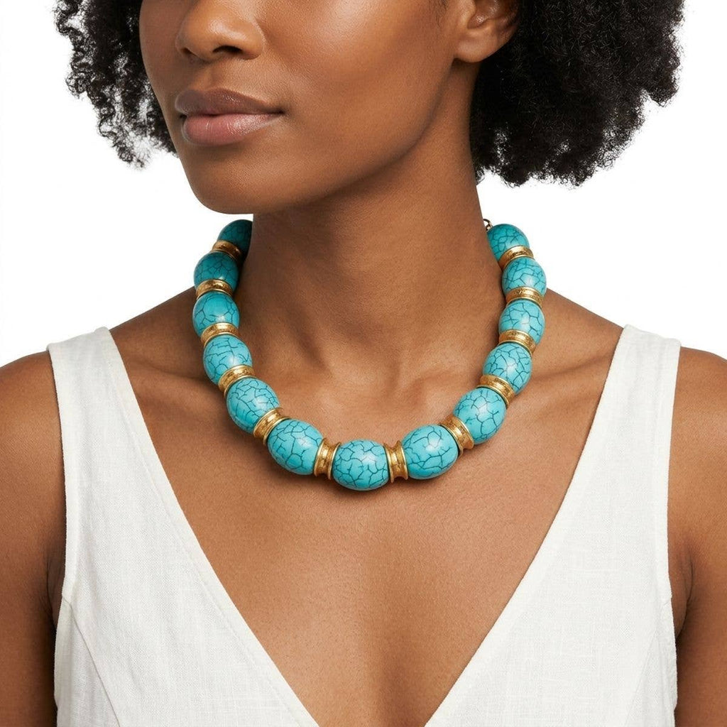 Chunky Turquoise Crackle & Gold Spacer Necklace