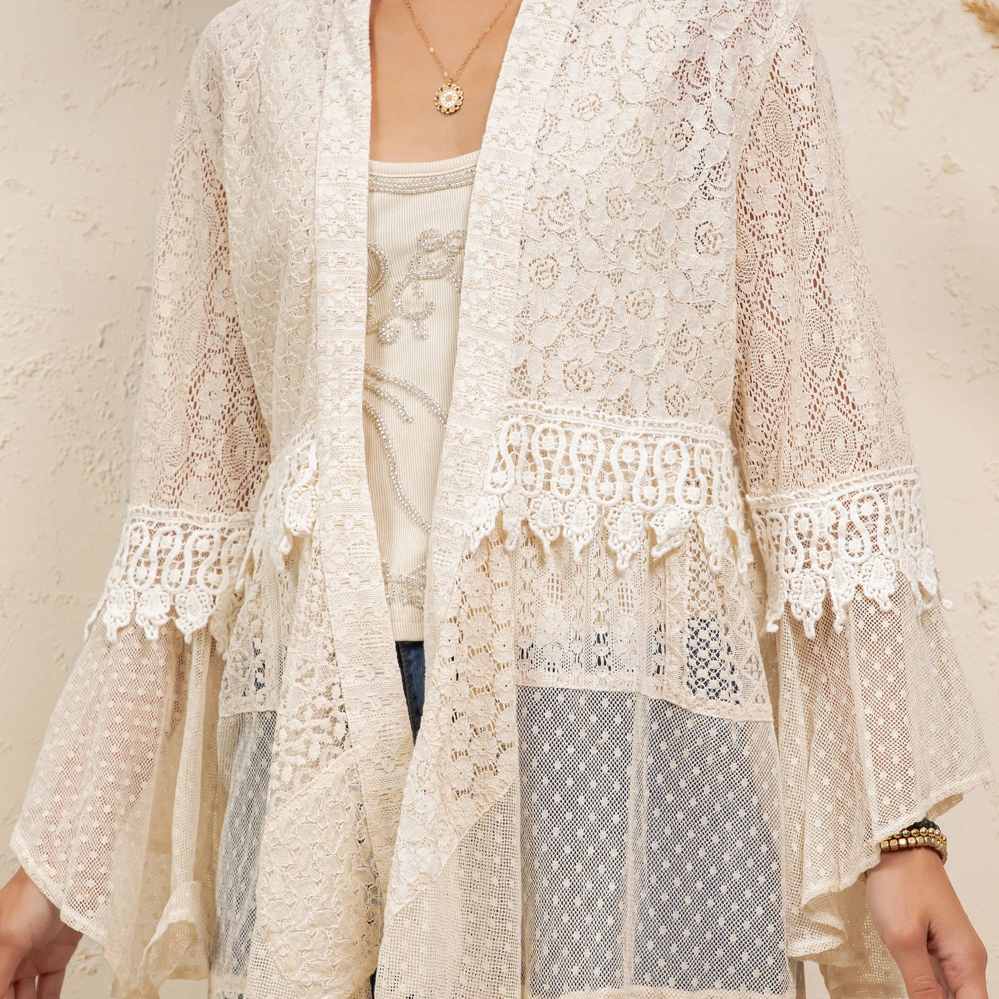 Western Boho Chic Motif Embroidered Denim Long Shrug