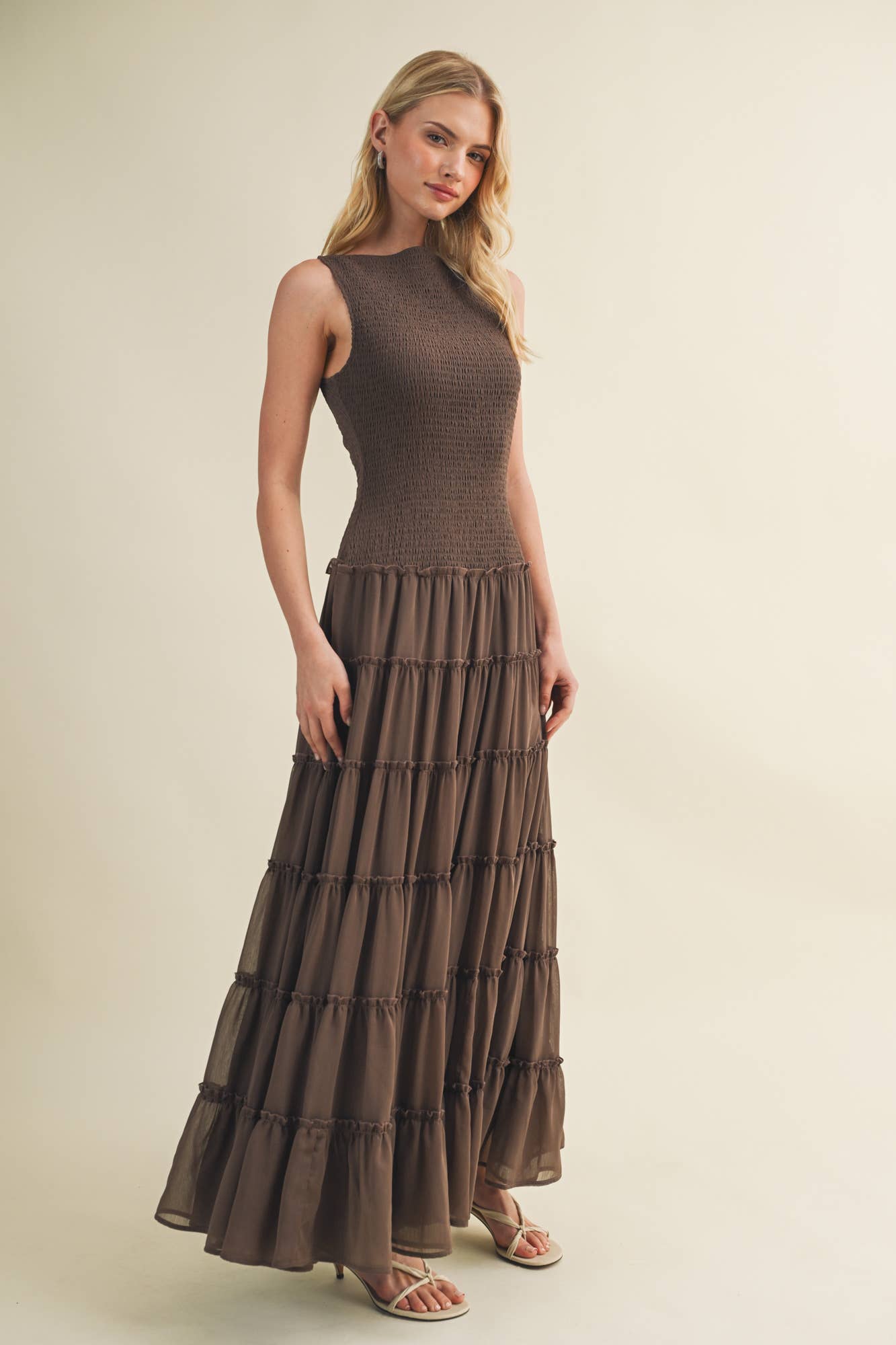Smocked Boat Neck Tiered Maxi Dress