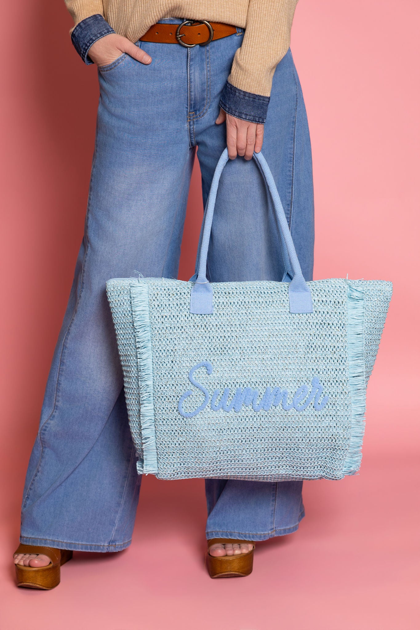 Woven Straw Fringe Tote With Summer Embroidery