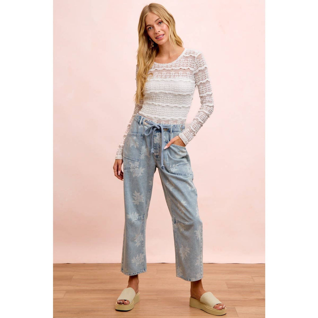 ROSE PRINTED WASHED DENIM PANTS WITH WAIST BELT