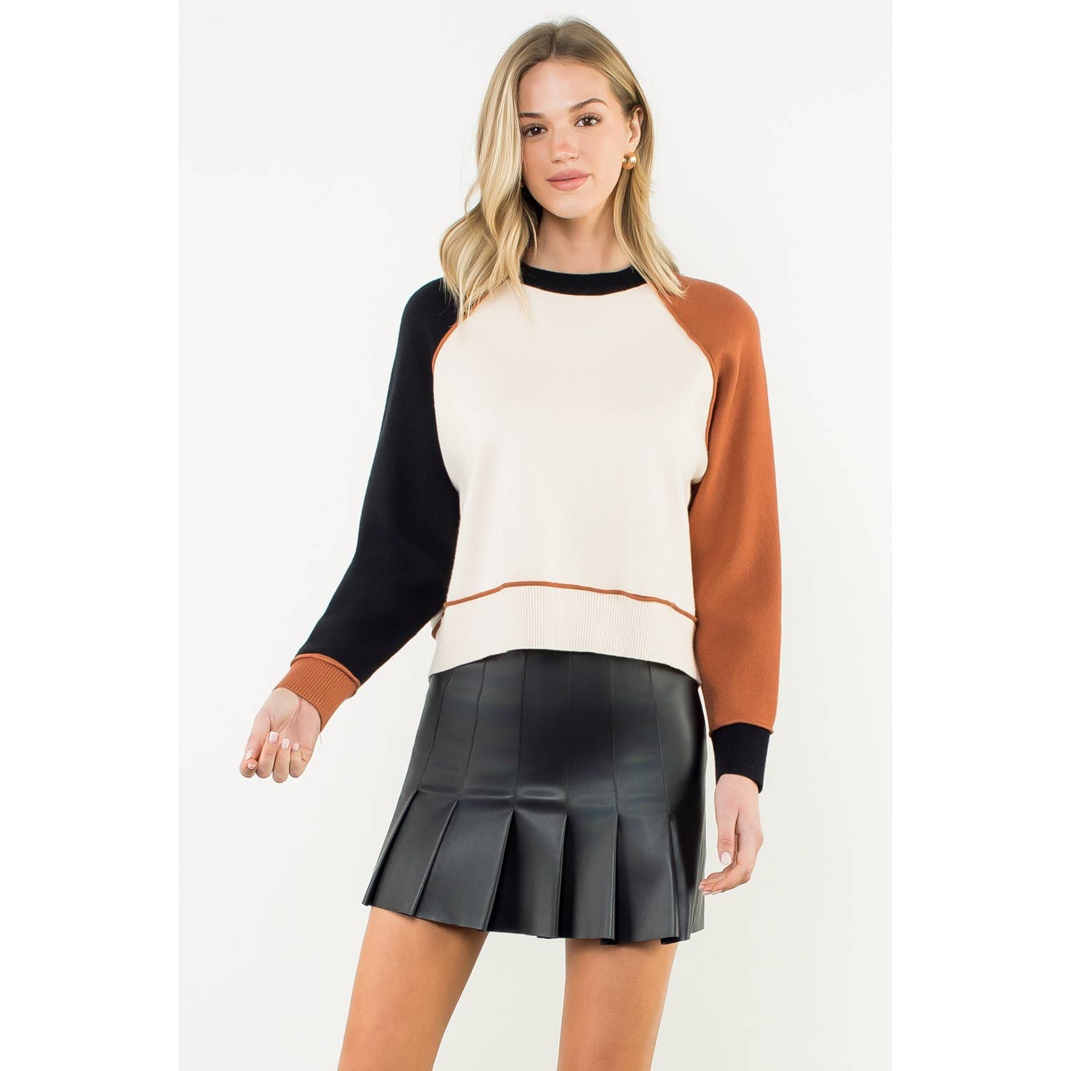 Solange Color Block Sweater - Classic Crew Neck Long Sleeve