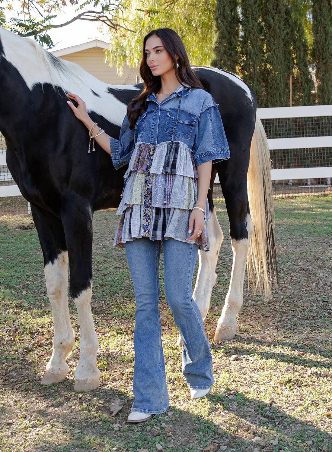 Boho Summer Hooded Denim Button Down Shirt with Playful Mixed Ruffles