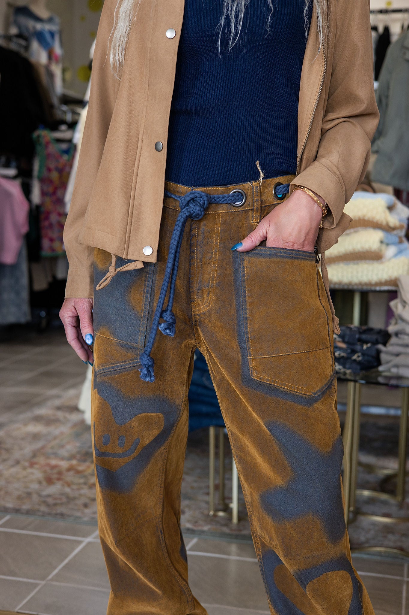 XO Vintage Tie Waist Velvet Suede Pants