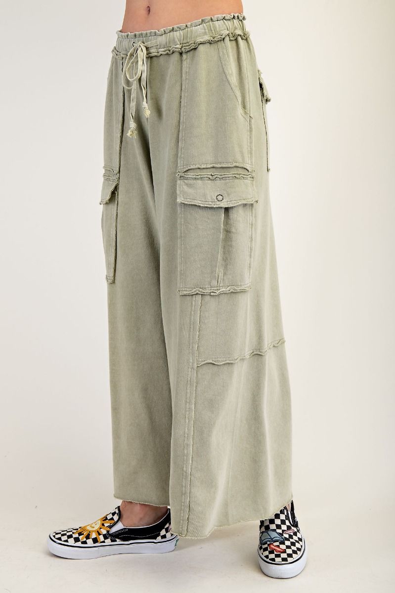 EASEL Washed Wide Leg Terry Cargo Pants
