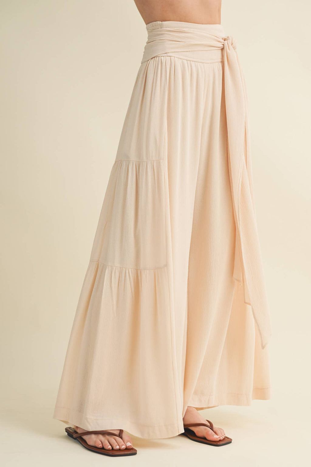 Smocked Tie-Waist Tiered Palazzo Pant