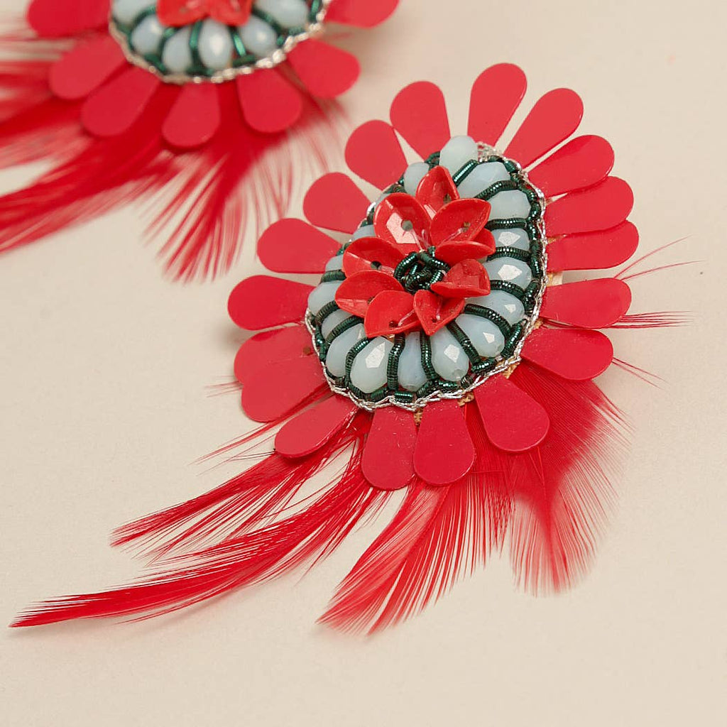 Boho Tribal Earrings with Feather Drop