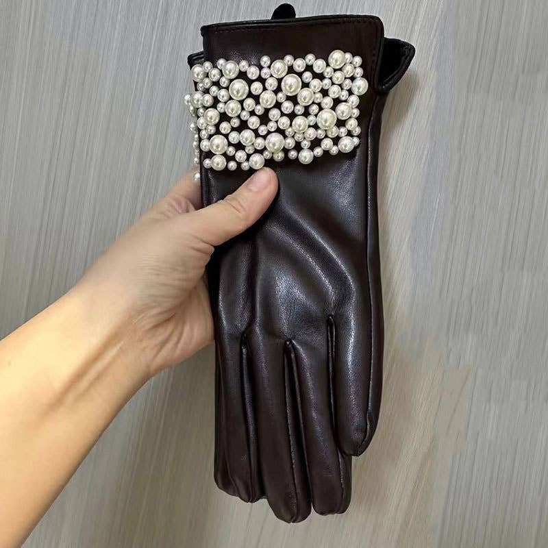 Black Faux Leather Gloves with Pearl Detail