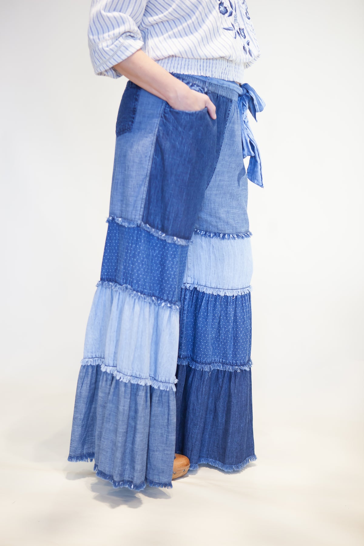 Patchwork Tiered Denim Flare Pants