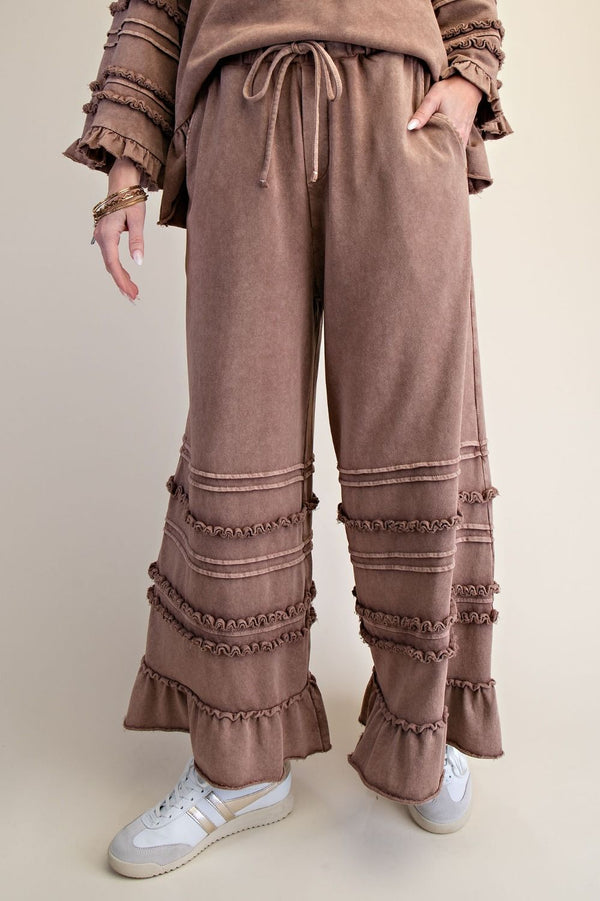 Easel Washed Terry Tiered Ruffle Wide Leg Pants