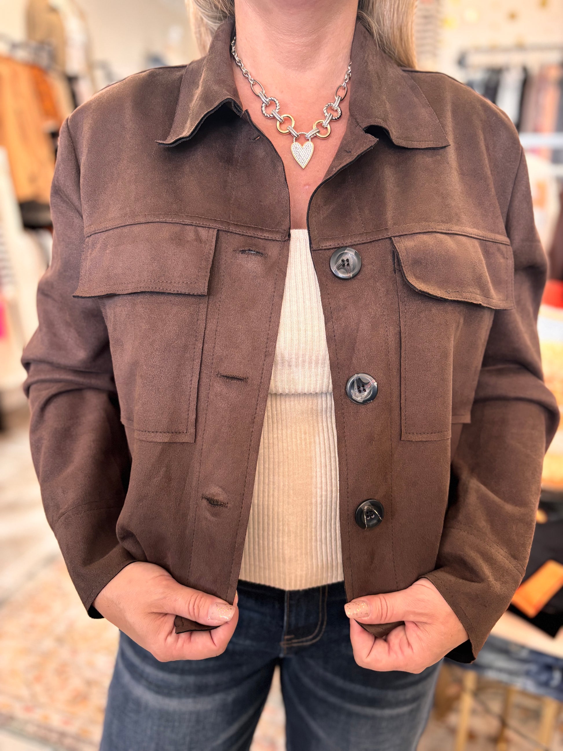 Nadya Classic Button-Down Suede- Like Jacket