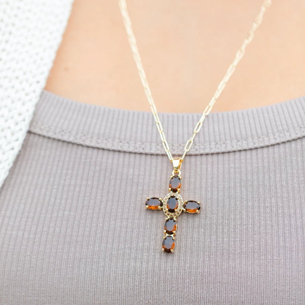 Splendid Iris Eye-Catching Cross Pendant with Paperclip Chain