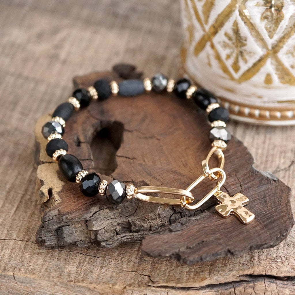 Beaded Cross Charm and Chain Bracelet - Azure Faith