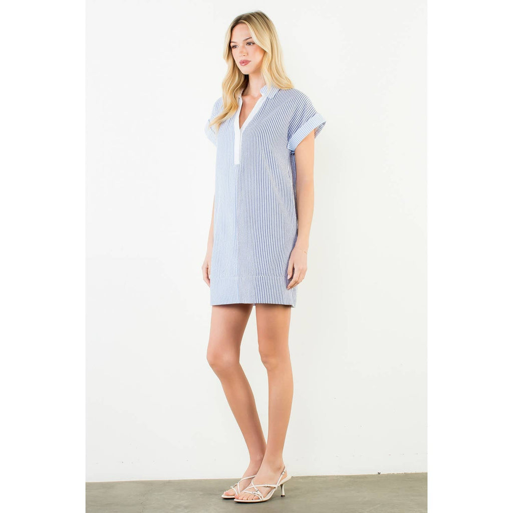 Short Sleeve Split Striped V-Neck Dress