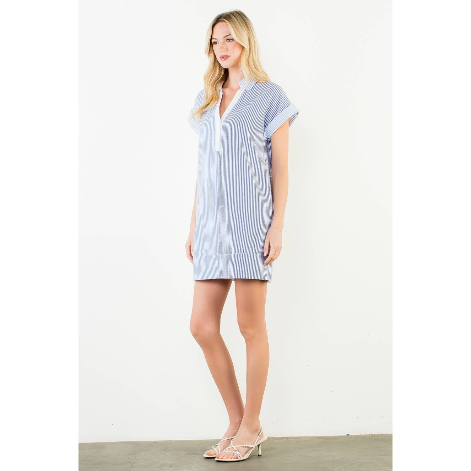 Short Sleeve Split Striped V-Neck Dress