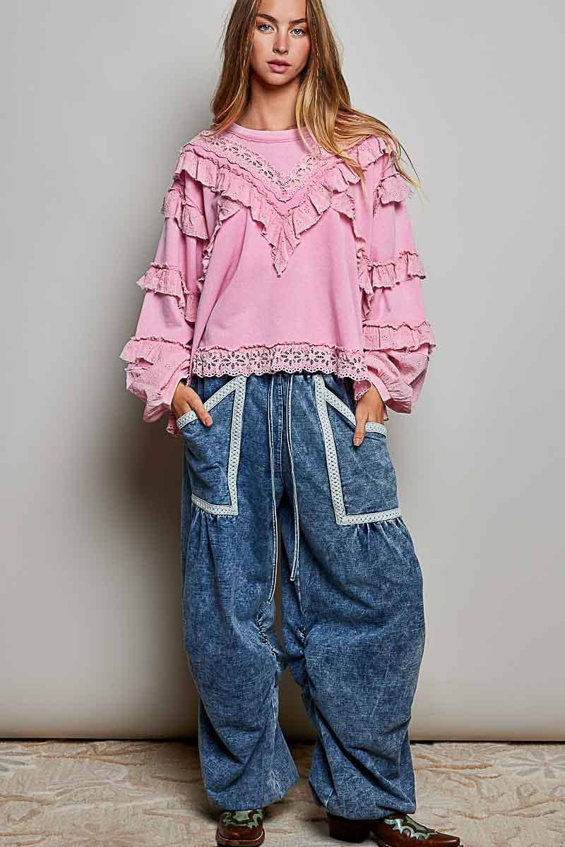 POL French Terry Eyelet Ruffle Vintage Washing Solid Knit Top
