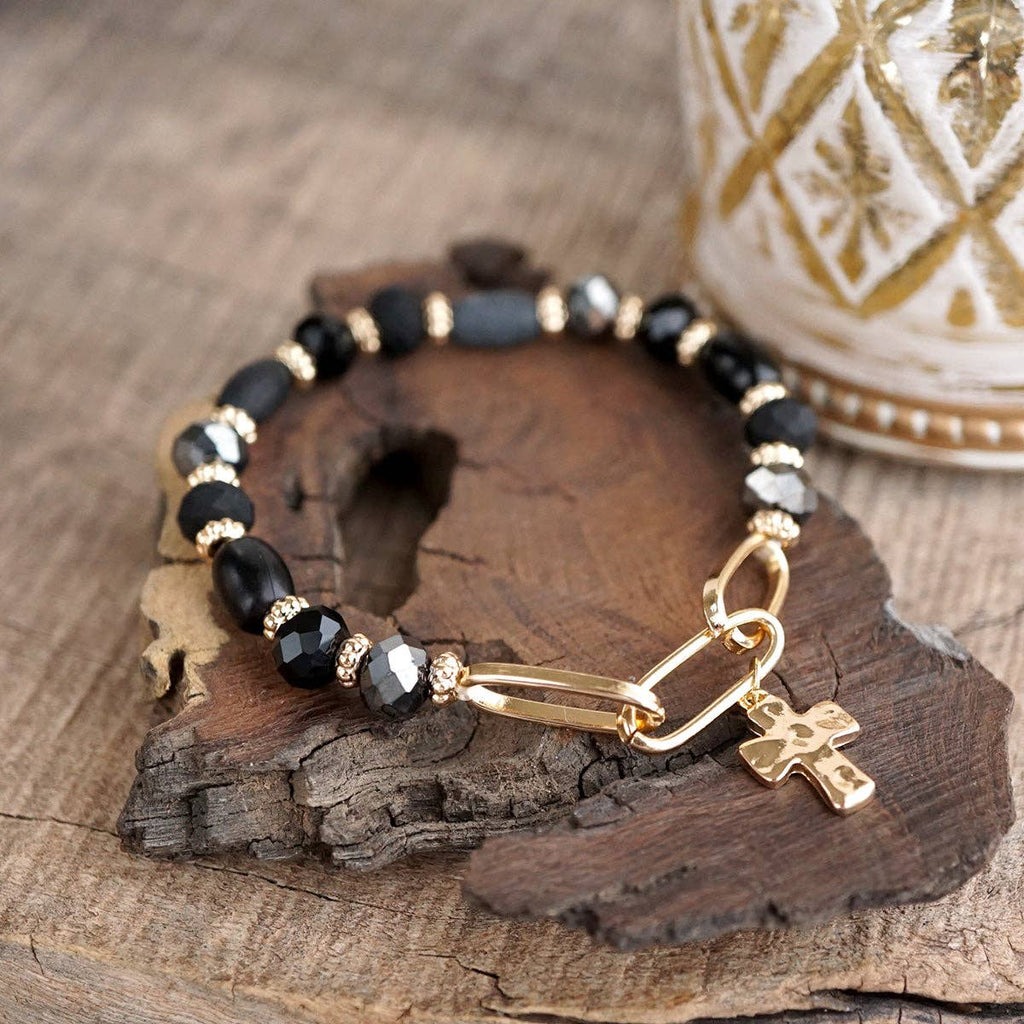 Beaded Cross Charm and Chain Bracelet - Azure Faith