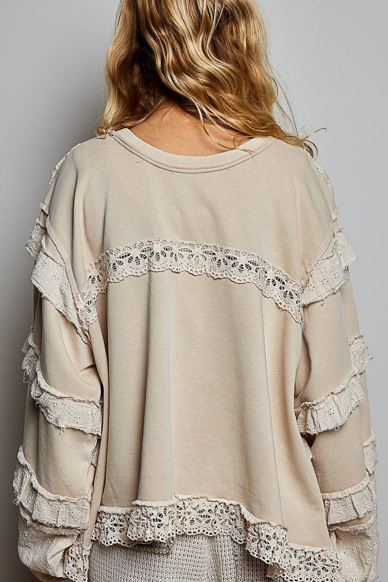 POL French Terry Eyelet Ruffle Vintage Washing Solid Knit Top