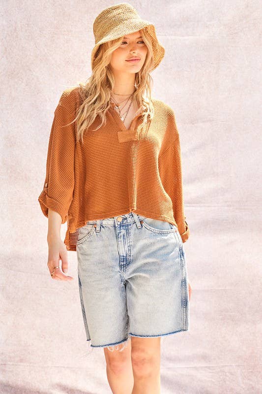 3/4 Sleeves Waffle Knit Cropped Pullover