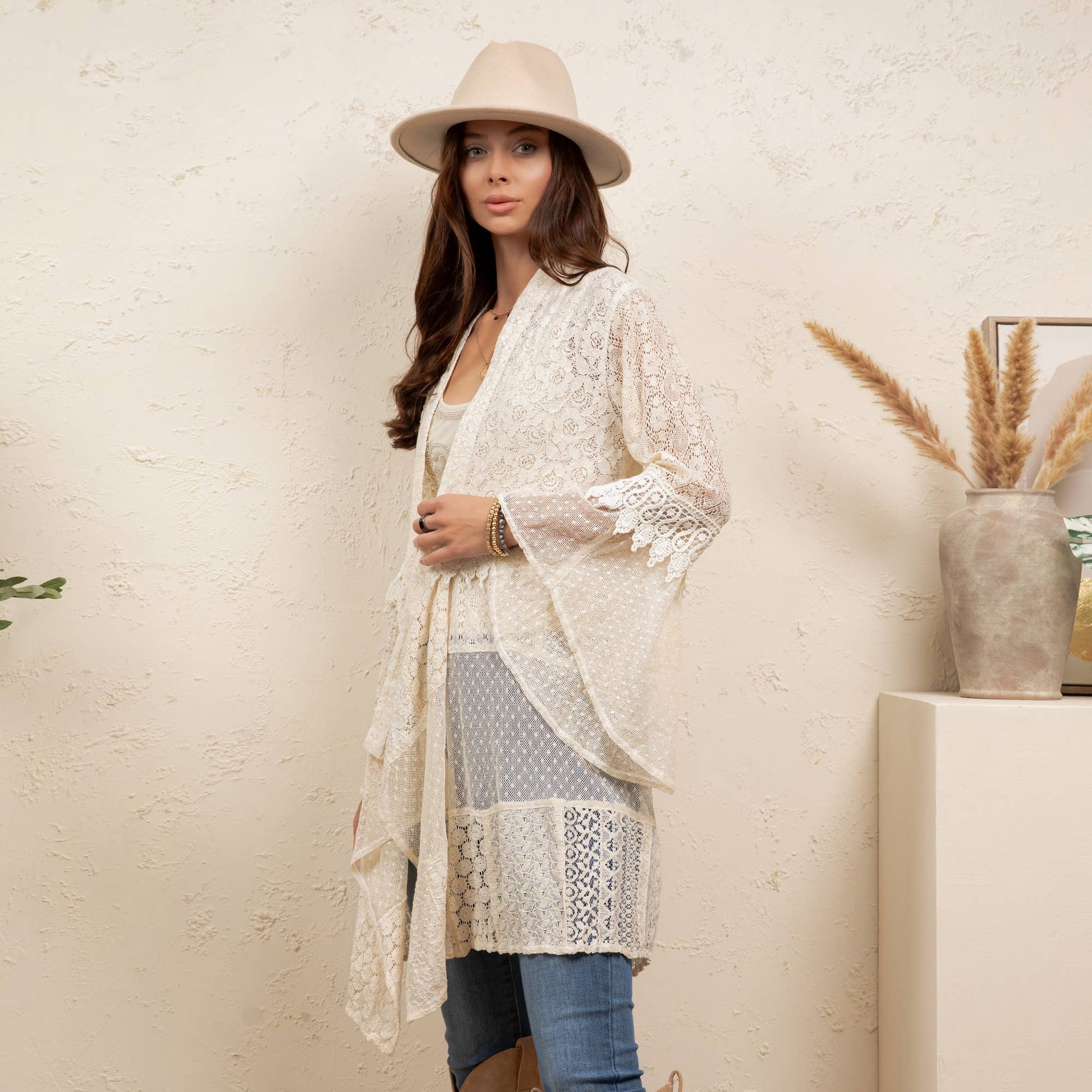 Western Boho Chic Motif Embroidered Denim Long Shrug